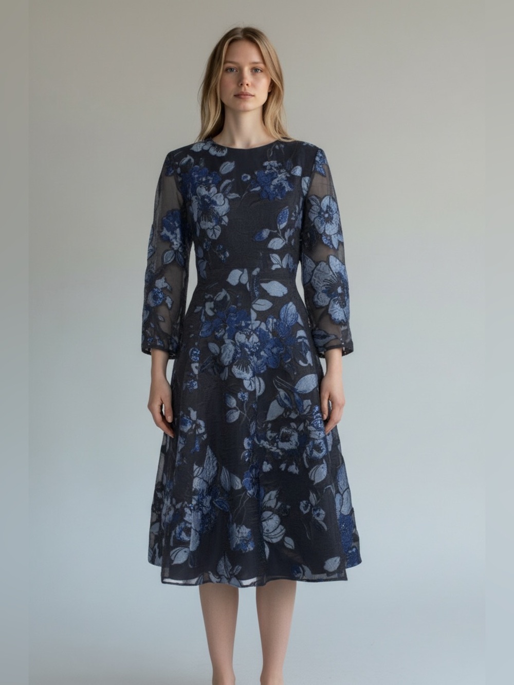 Lela Rose New 3/4 Sleeve Floral Print Midi Dress Size 12